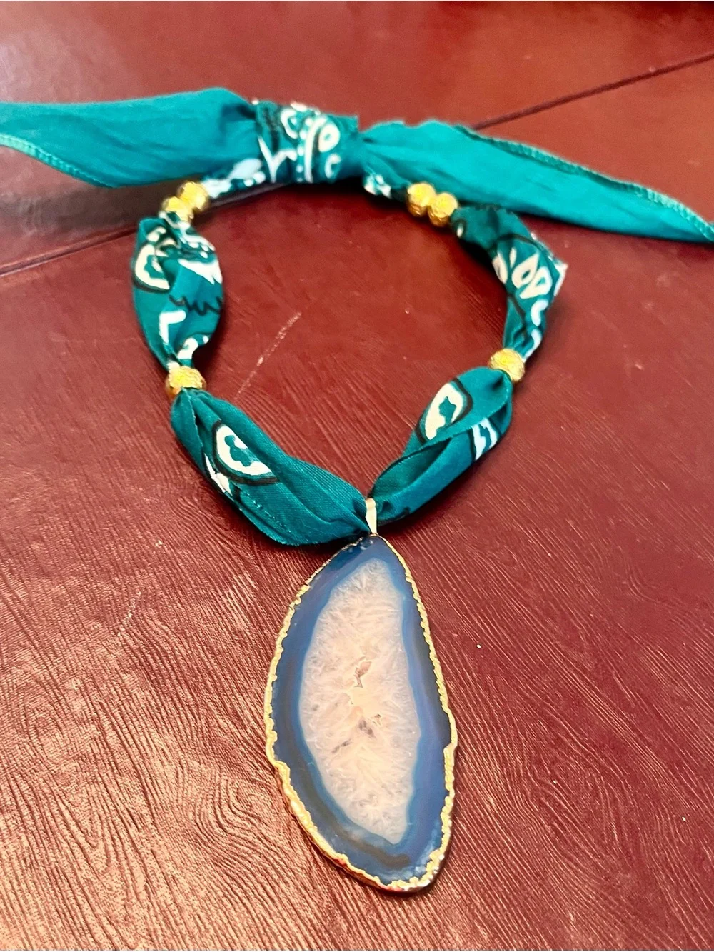 Western Bohemian Peacock Bandana with a Teal Agate Druzy Slice Statement Piece